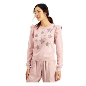 INC Womens Pink Ruffled Embellished Stars Printed Long Sleeve Top Size: XS